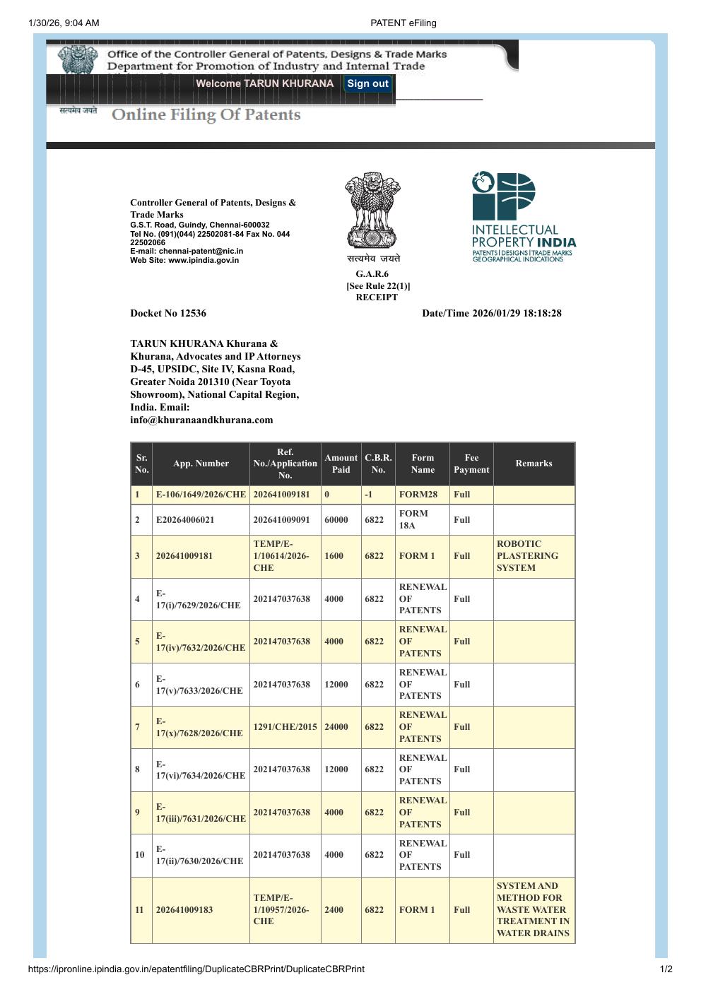 Official Indian Patent Office filing receipt for patent application 202641009183